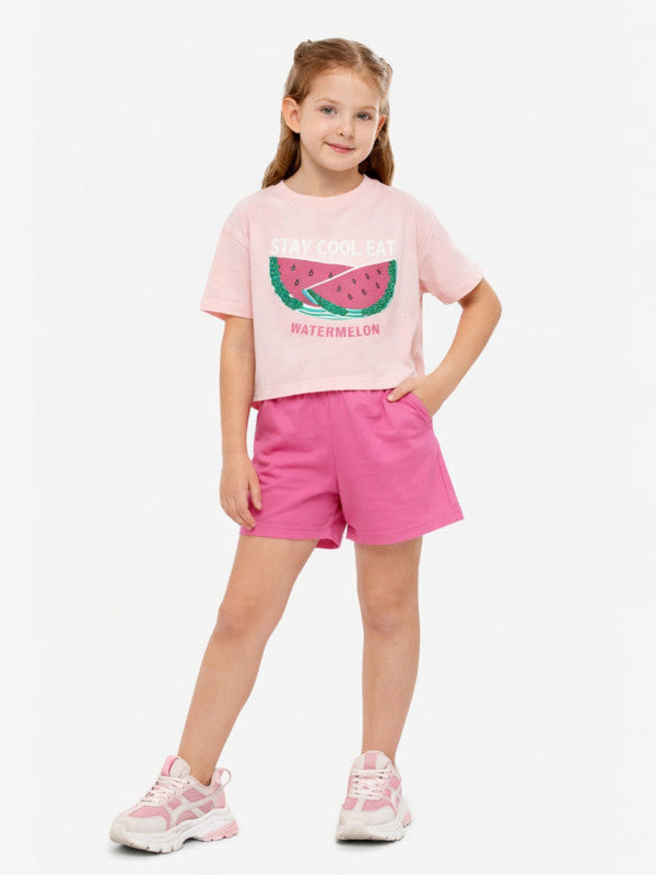 Girls 2 Pc Set Watermelon Print T-Shirt & Shorts Set “ Light Pink & Pink