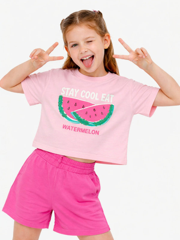 Girls 2 Pc Set Watermelon Print T-Shirt & Shorts Set “ Light Pink & Pink
