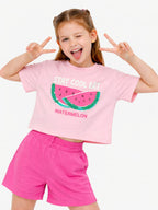 Girls 2 Pc Set Watermelon Print T-Shirt & Shorts Set “ Light Pink & Pink