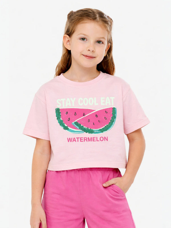 Girls 2 Pc Set Watermelon Print T-Shirt & Shorts Set “ Light Pink & Pink