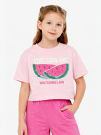 Girls 2 Pc Set Watermelon Print T-Shirt & Shorts Set “ Light Pink & Pink
