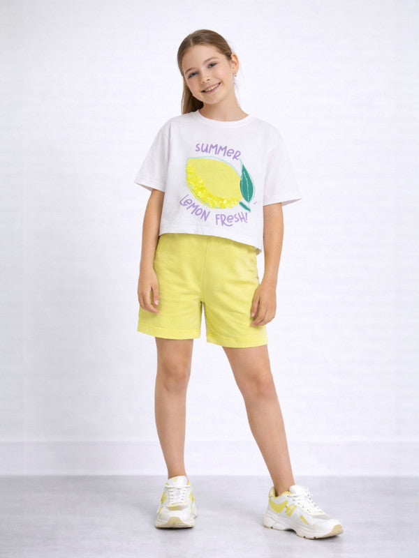 Girls 2 Pc Set Lemon Print Sequin Top & Shorts Set “ White & Yellow