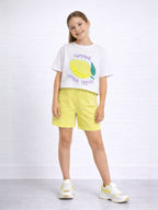 Girls 2 Pc Set Lemon Print Sequin Top & Shorts Set “ White & Yellow