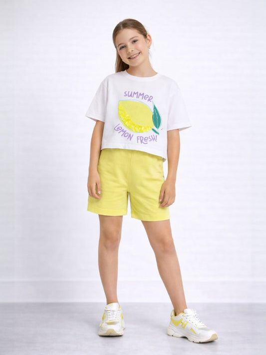 Girls 2 Pc Set Lemon Print Sequin Top & Shorts Set – White & Yellow
