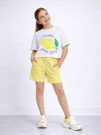 Girls 2 Pc Set Lemon Print Sequin Top & Shorts Set “ White & Yellow