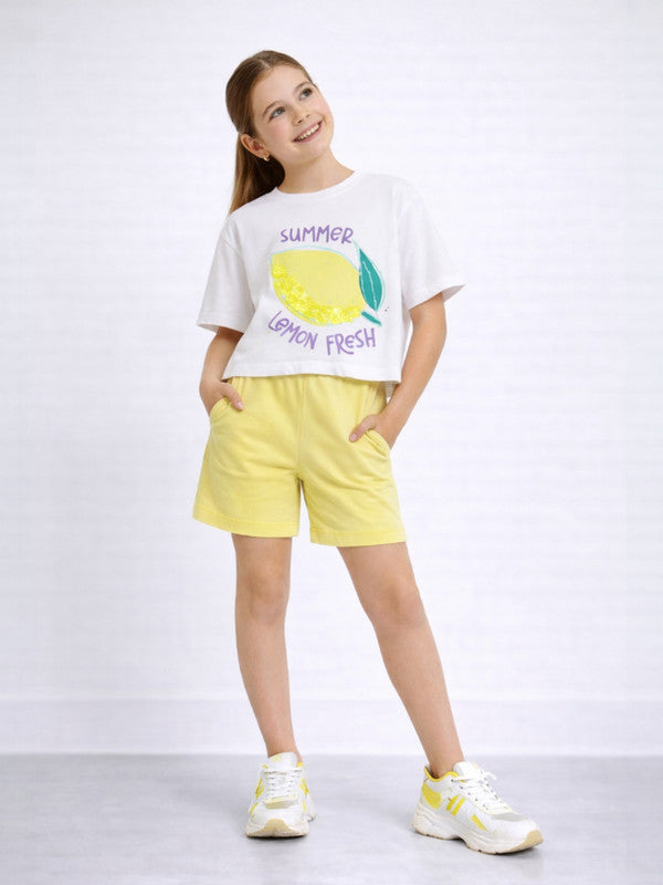 Girls 2 Pc Set Lemon Print Sequin Top & Shorts Set “ White & Yellow
