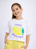 Girls 2 Pc Set Lemon Print Sequin Top & Shorts Set “ White & Yellow