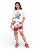 Girls 2 Pc Set Graphic Print T-Shirt & Striped Shorts Set “ White & Red