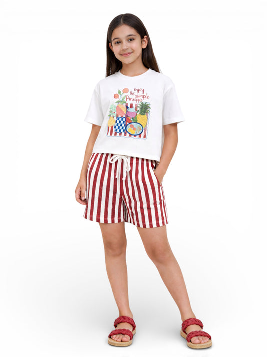 Girls 2 Pc Set Graphic Print T-Shirt & Striped Shorts Set – White & Red