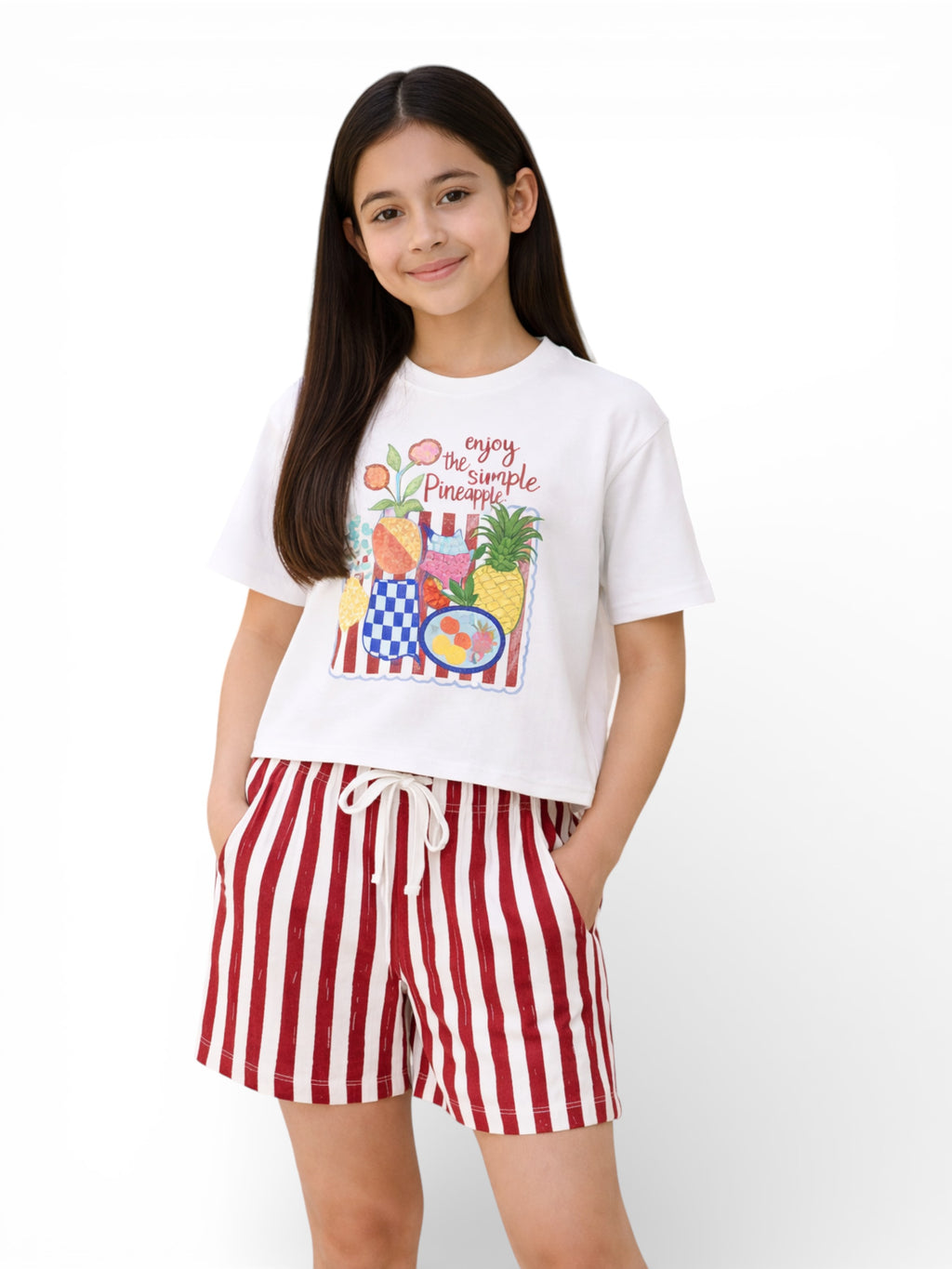 Girls 2 Pc Set Graphic Print T-Shirt & Striped Shorts Set “ White & Red