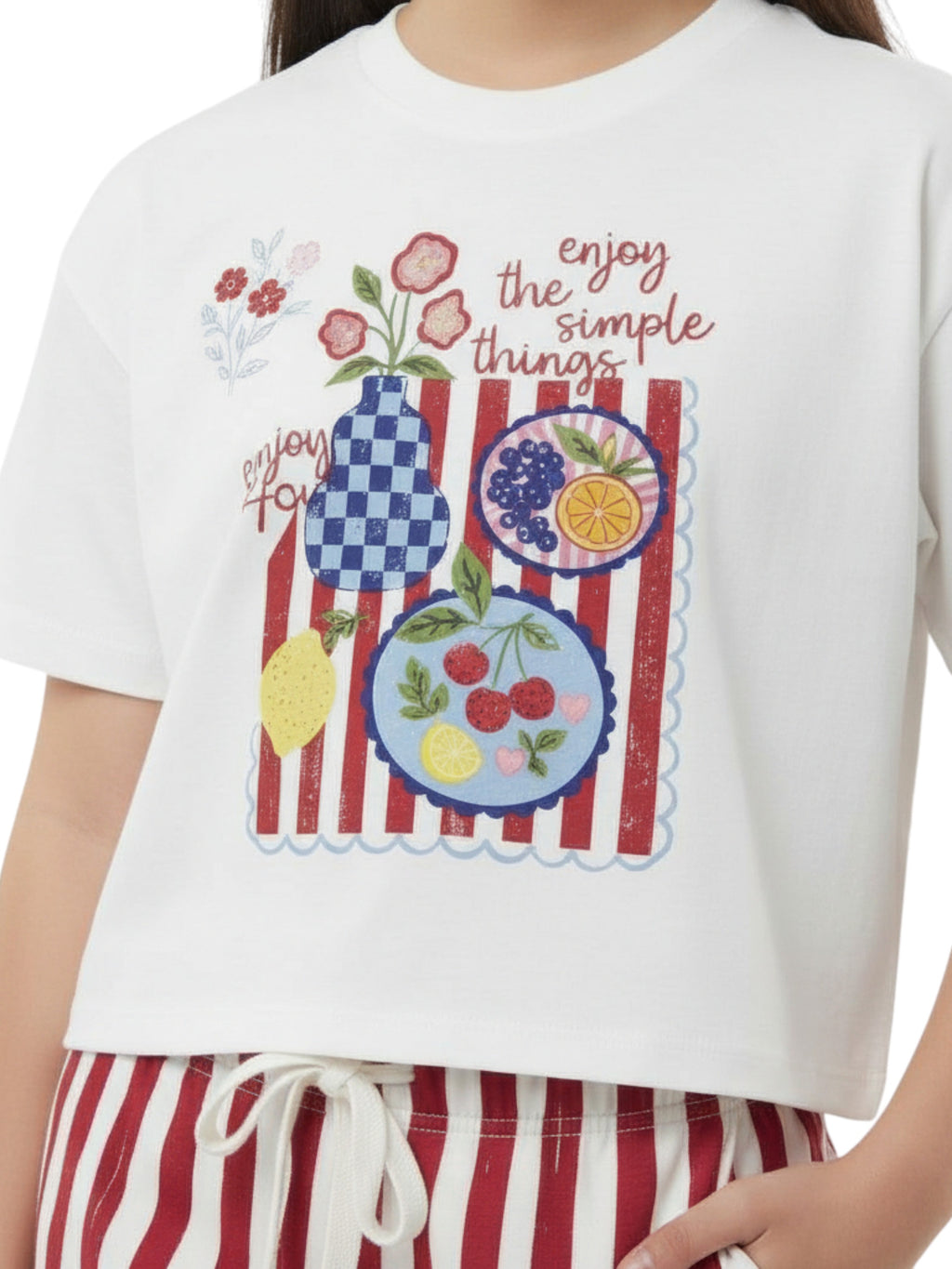 Girls 2 Pc Set Graphic Print T-Shirt & Striped Shorts Set “ White & Red
