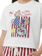 Girls 2 Pc Set Graphic Print T-Shirt & Striped Shorts Set “ White & Red