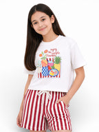 Girls 2 Pc Set Graphic Print T-Shirt & Striped Shorts Set “ White & Red