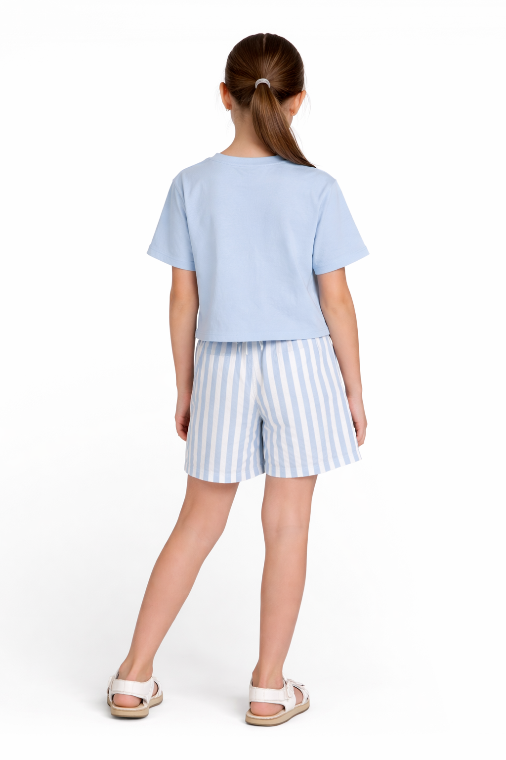 Girls 2 Pc Set Graphic Print T-Shirt & Striped Shorts Set “ White & Blue