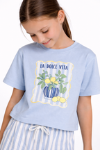 Girls 2 Pc Set Graphic Print T-Shirt & Striped Shorts Set “ White & Blue