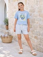 Girls 2 Pc Set Graphic Print T-Shirt & Striped Shorts Set “ White & Blue