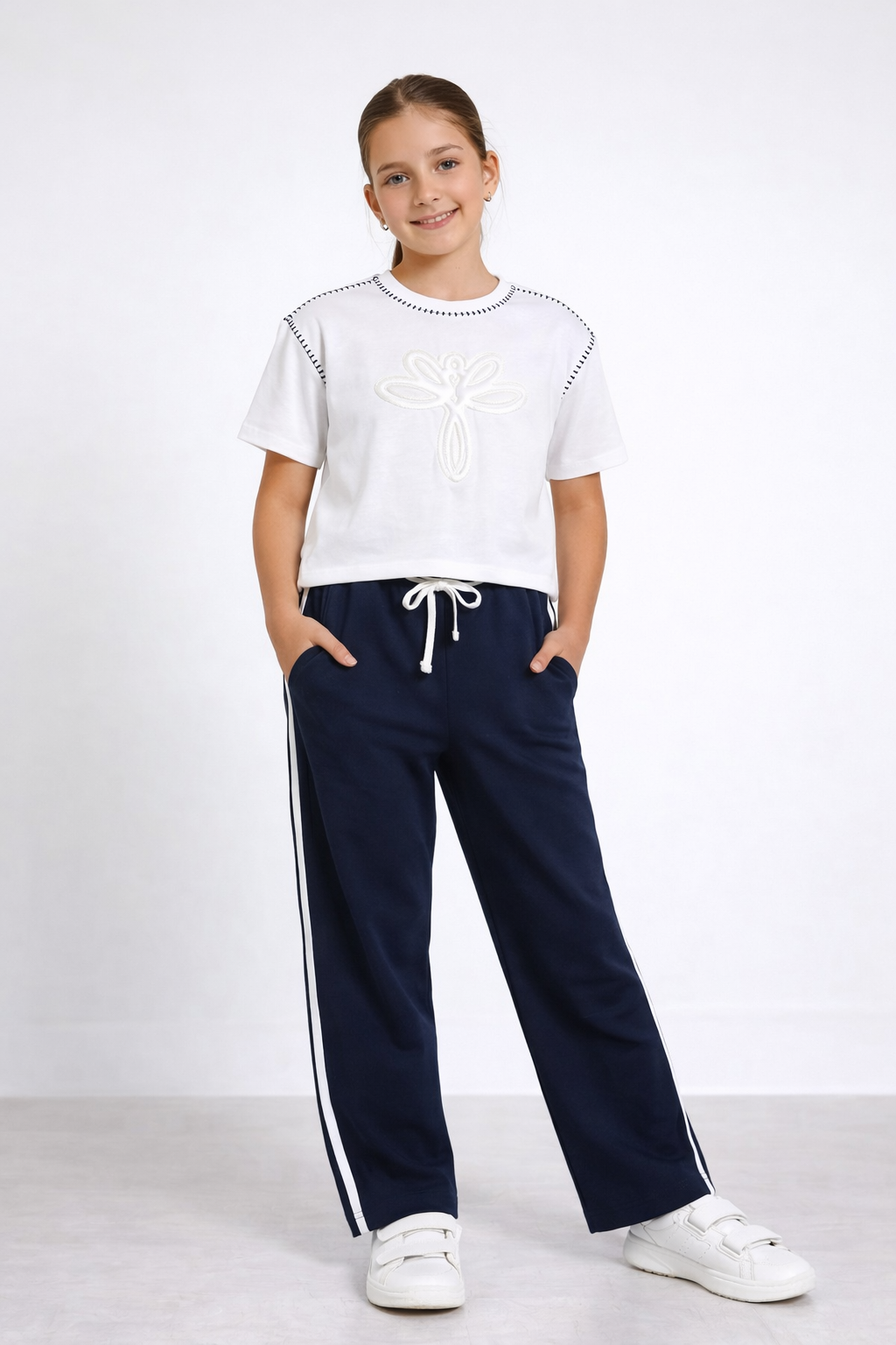 Girls 2 Pc Set Classy Embossed Top & Pants Set “ White & Navy