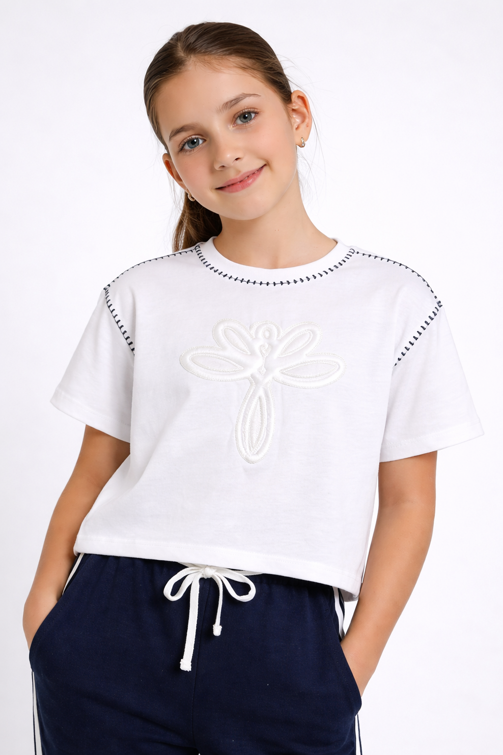 Girls 2 Pc Set Classy Embossed Top & Pants Set “ White & Navy
