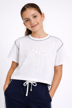 Girls 2 Pc Set Classy Embossed Top & Pants Set “ White & Navy