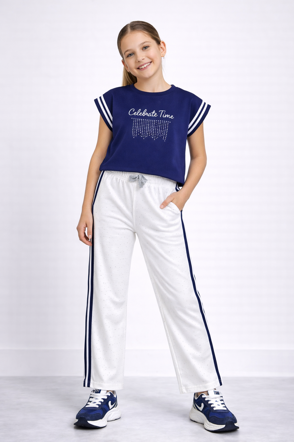 Girls 2 Pc Set Celebrate Time Top & Pants Set “ Navy & White
