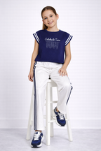 Girls 2 Pc Set Celebrate Time Top & Pants Set “ Navy & White