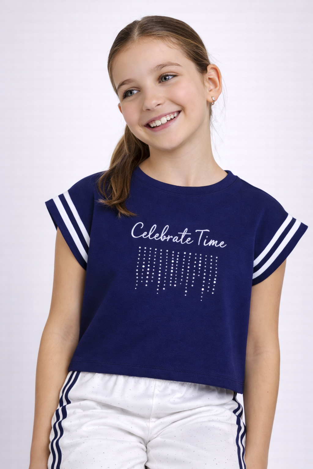 Girls 2 Pc Set Celebrate Time Top & Pants Set “ Navy & White