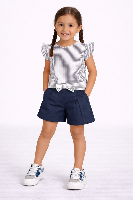 Girls’ Woven 2-Piece Set “ Striped Frill Sleeve Top & Navy Shorts