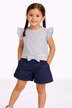Girls’ Woven 2-Piece Set “ Striped Frill Sleeve Top & Navy Shorts