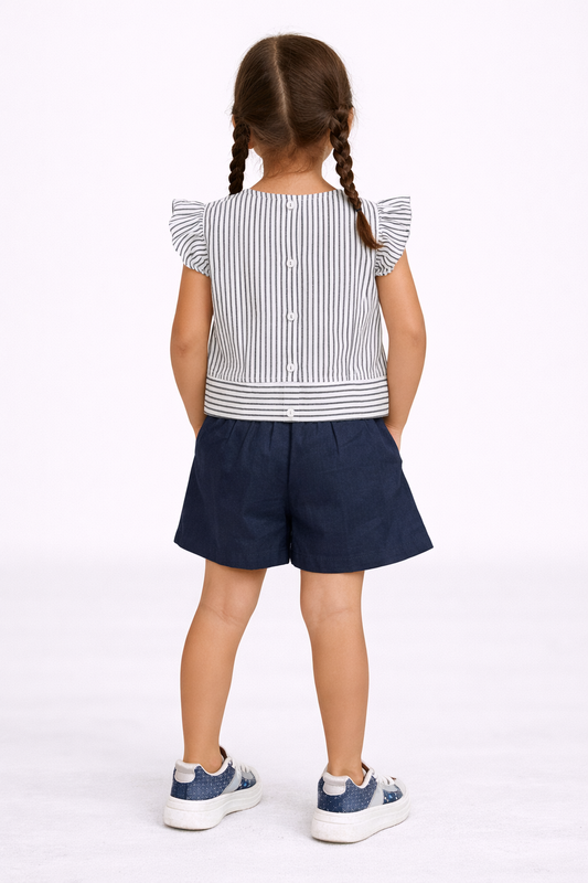 Girls’ Woven 2-Piece Set “ Striped Frill Sleeve Top & Navy Shorts