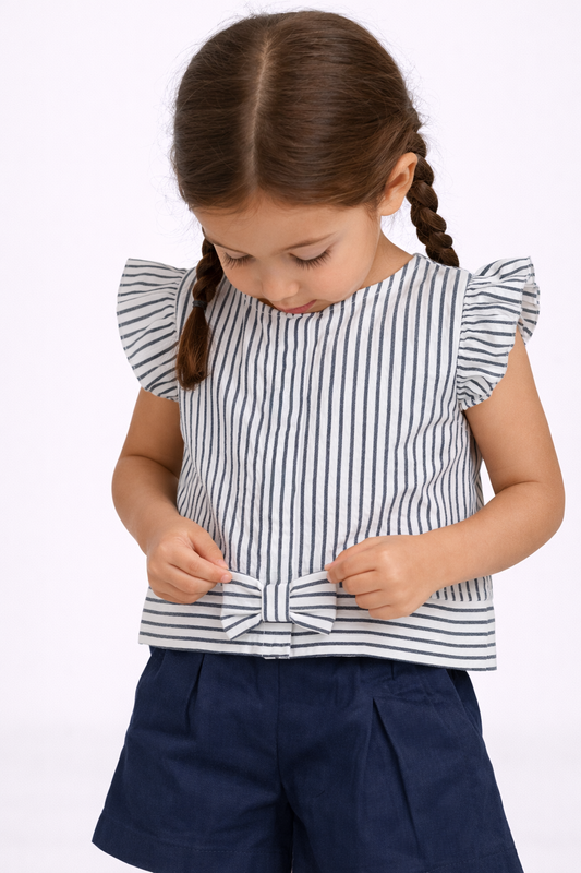 Girls’ Woven 2-Piece Set “ Striped Frill Sleeve Top & Navy Shorts