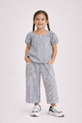 Girls’ Woven 2-Piece Set “ Striped Puff Sleeve Top & Wide-Leg Cargo Trousers