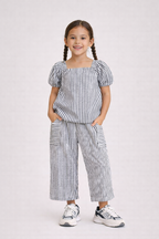 Girls’ Woven 2-Piece Set “ Striped Puff Sleeve Top & Wide-Leg Cargo Trousers