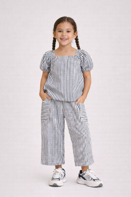 Girls’ Woven 2-Piece Set “ Striped Puff Sleeve Top & Wide-Leg Cargo Trousers