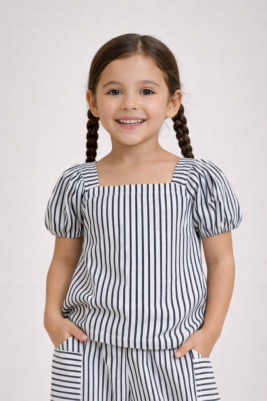 Girls’ Woven 2-Piece Set “ Striped Puff Sleeve Top & Wide-Leg Cargo Trousers