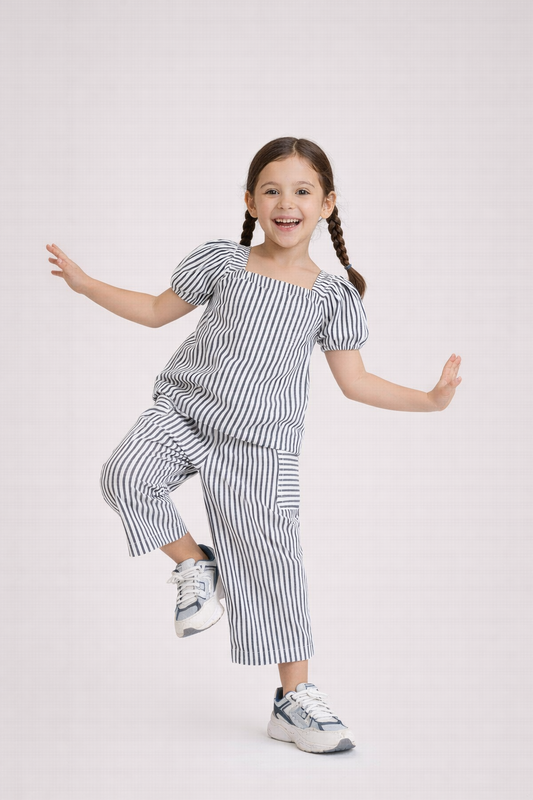 Girls’ Woven 2-Piece Set “ Striped Puff Sleeve Top & Wide-Leg Cargo Trousers