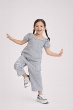 Girls’ Woven 2-Piece Set “ Striped Puff Sleeve Top & Wide-Leg Cargo Trousers