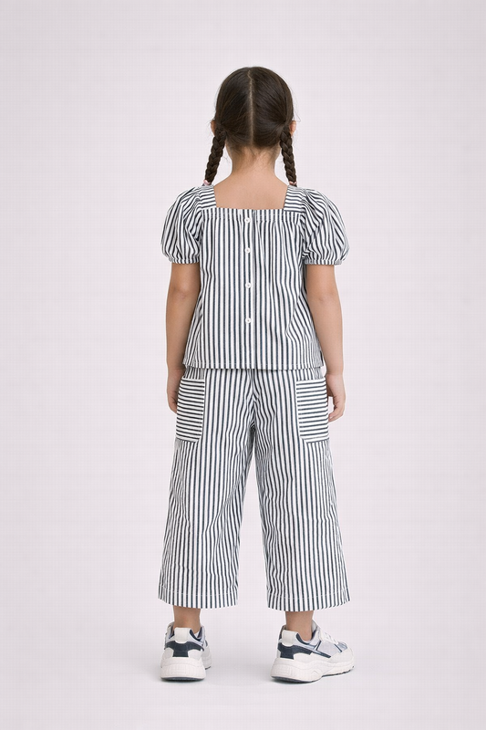 Girls’ Woven 2-Piece Set “ Striped Puff Sleeve Top & Wide-Leg Cargo Trousers