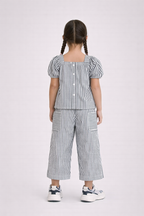 Girls’ Woven 2-Piece Set “ Striped Puff Sleeve Top & Wide-Leg Cargo Trousers
