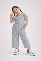 Girls’ Woven 2-Piece Set “ Striped Puff Sleeve Top & Wide-Leg Cargo Trousers