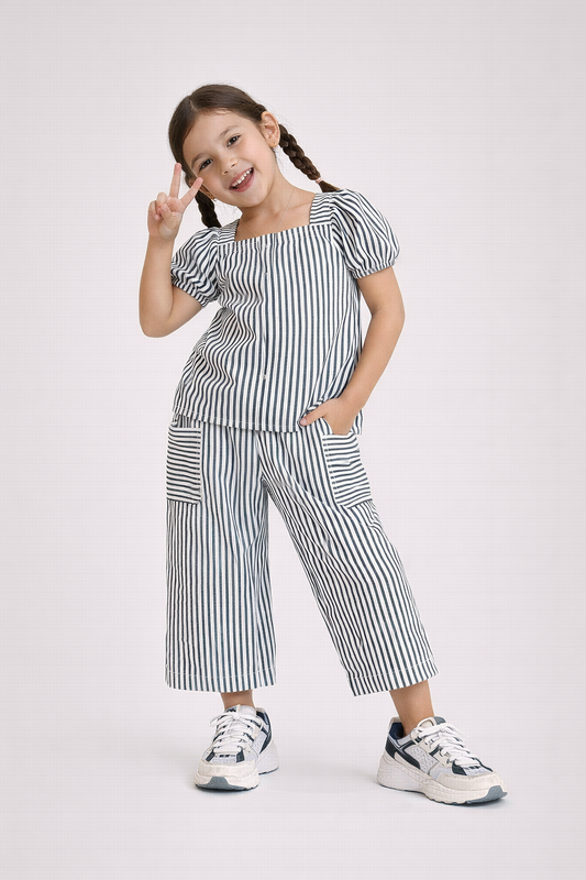Girls’ Woven 2-Piece Set “ Striped Puff Sleeve Top & Wide-Leg Cargo Trousers