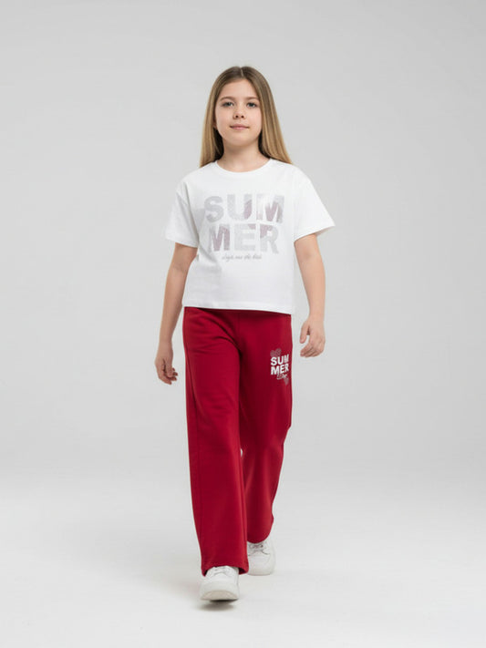 Girls 2 Pc Set “Summer Days” Top & Pants Set – White & Red