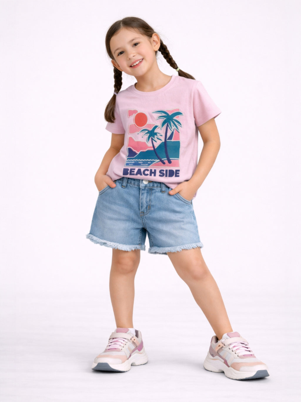 Girls Beach Side Embellished T-Shirt (Pink- Relaxed Fit)
