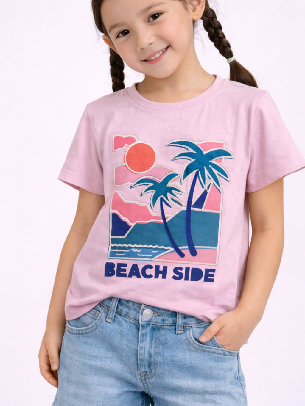 Girls Beach Side Embellished T-Shirt (Pink- Relaxed Fit)