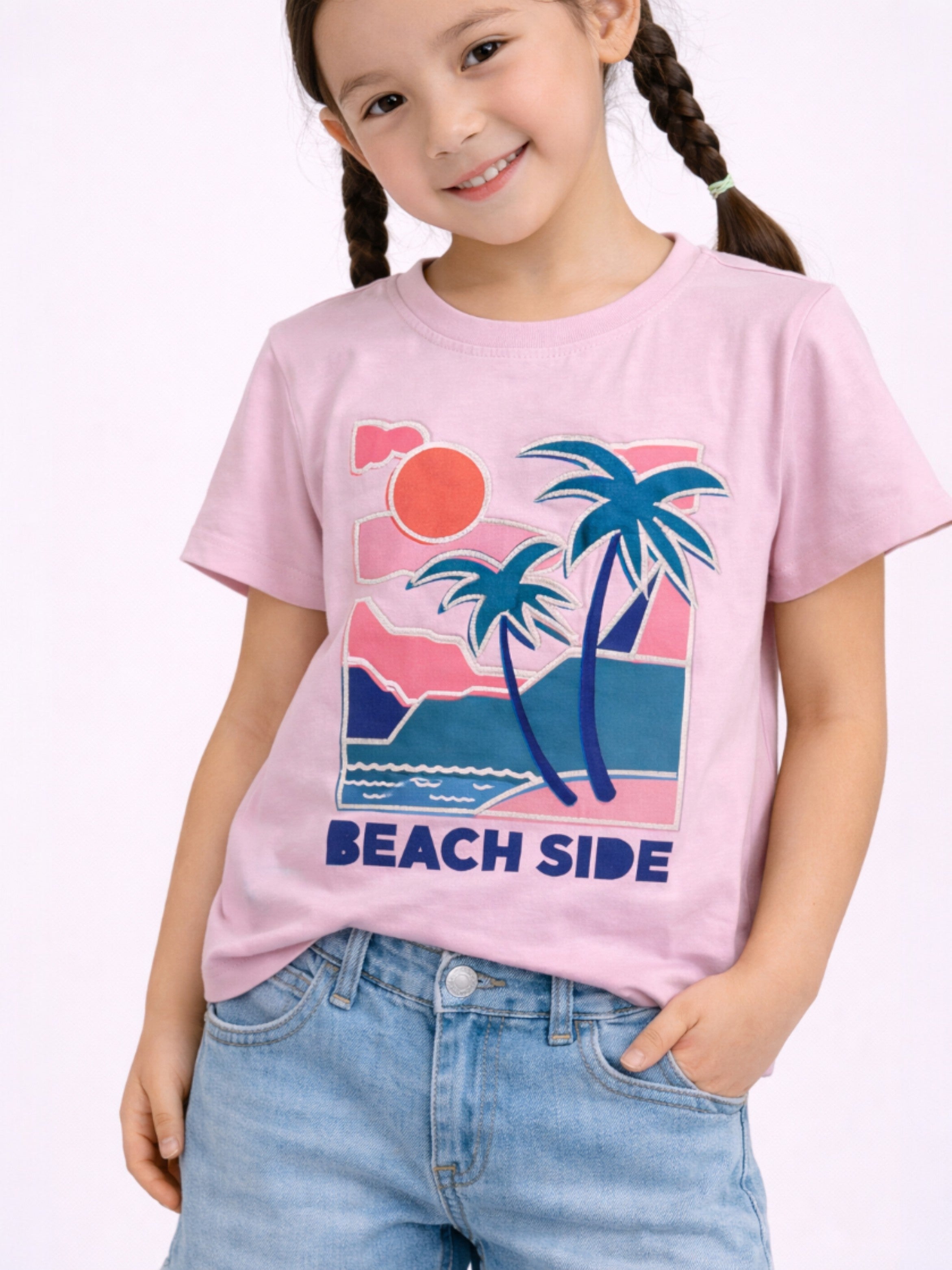 Girls Beach Side Embellished T-Shirt (Pink- Relaxed Fit)