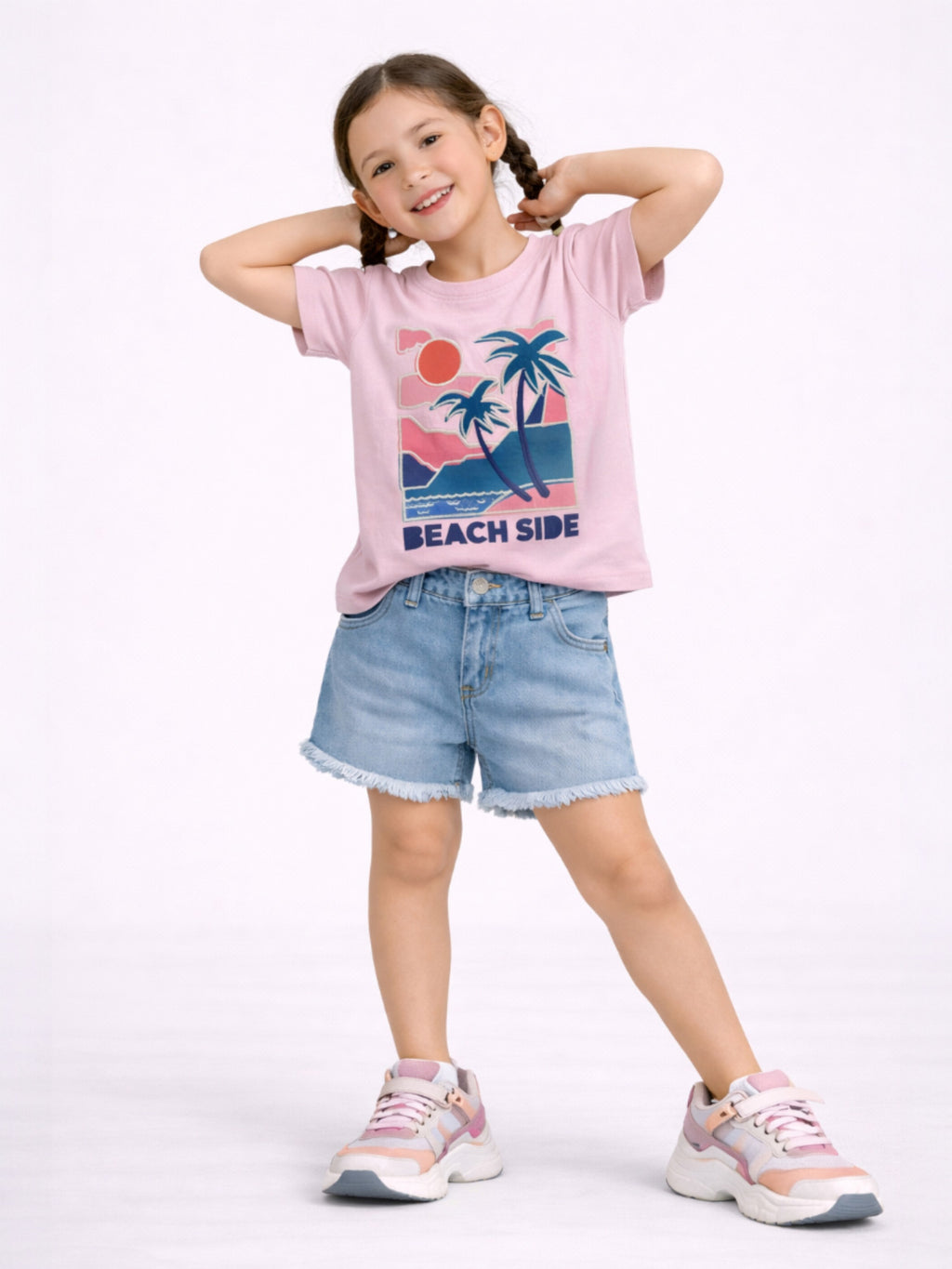 Girls Beach Side Embellished T-Shirt (Pink- Relaxed Fit)