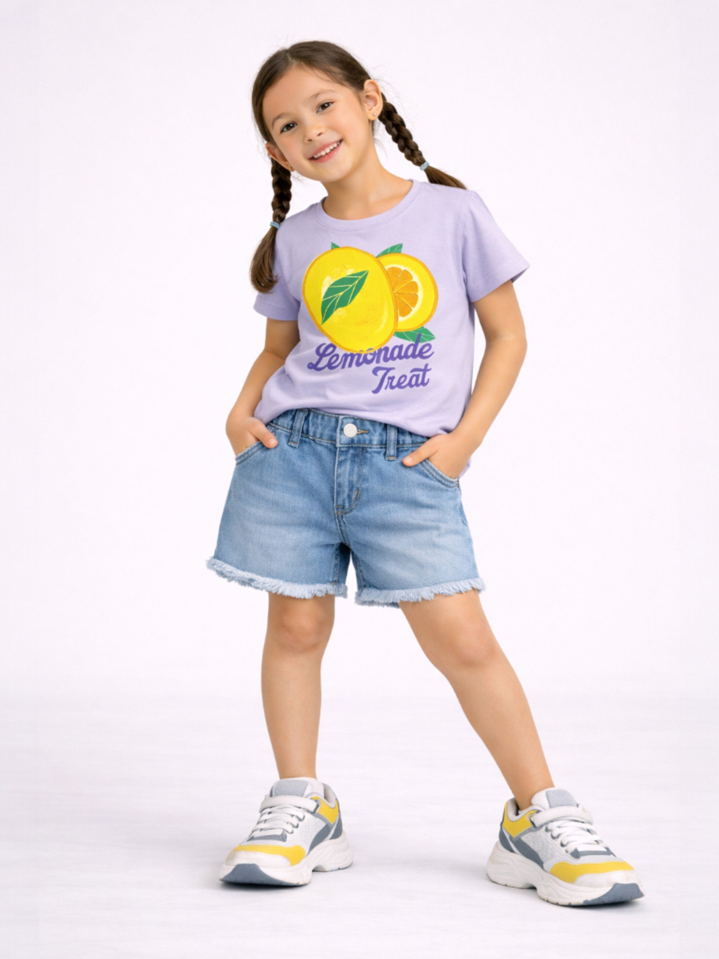 Girls Lemonade Treat Embellished T-Shirt (Lavender- Relaxed Fit)