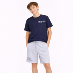 victor and jane boys navy graphic t-shirt and light grey shorts set with football-themed text prints