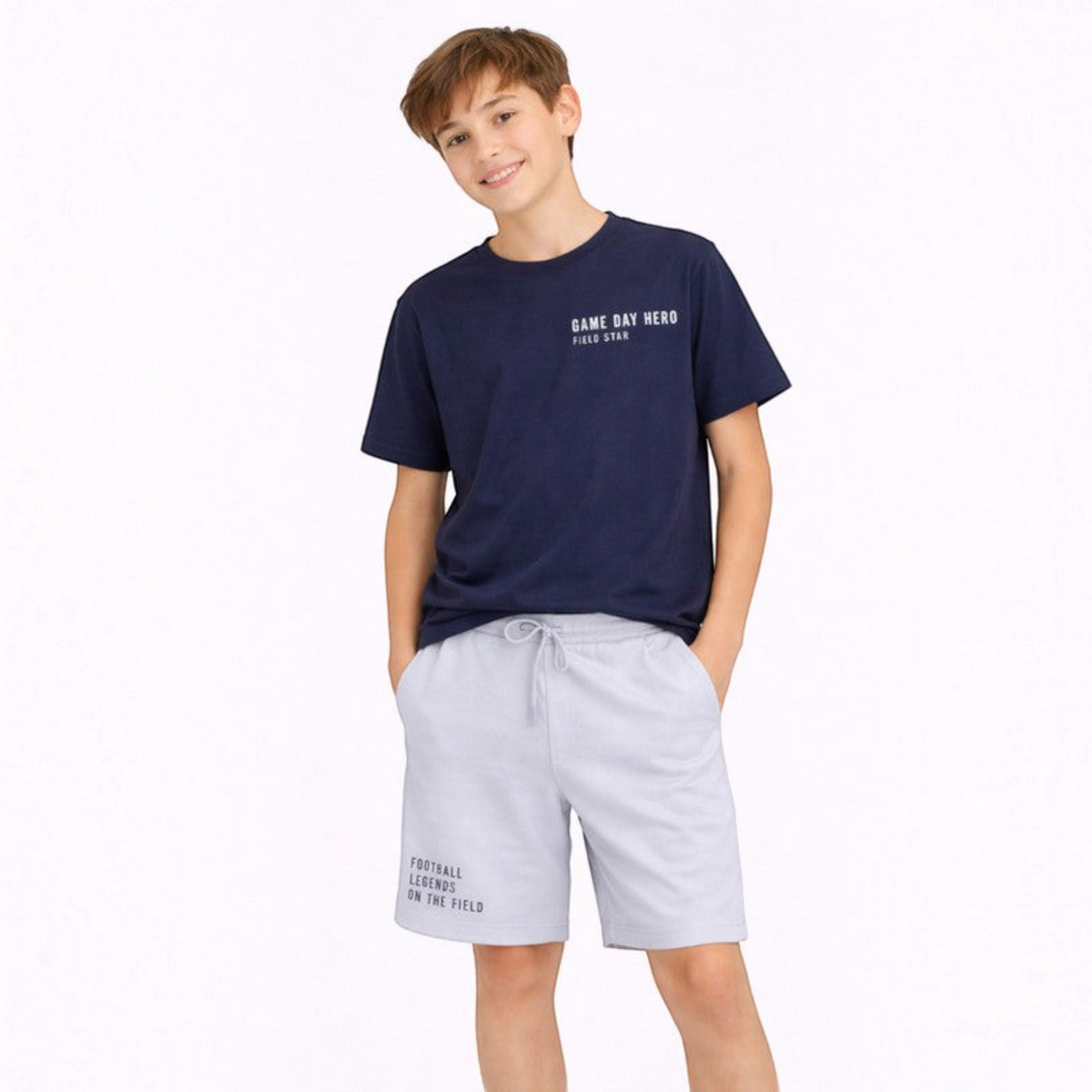 victor and jane boys navy graphic t-shirt and light grey shorts set with football-themed text prints