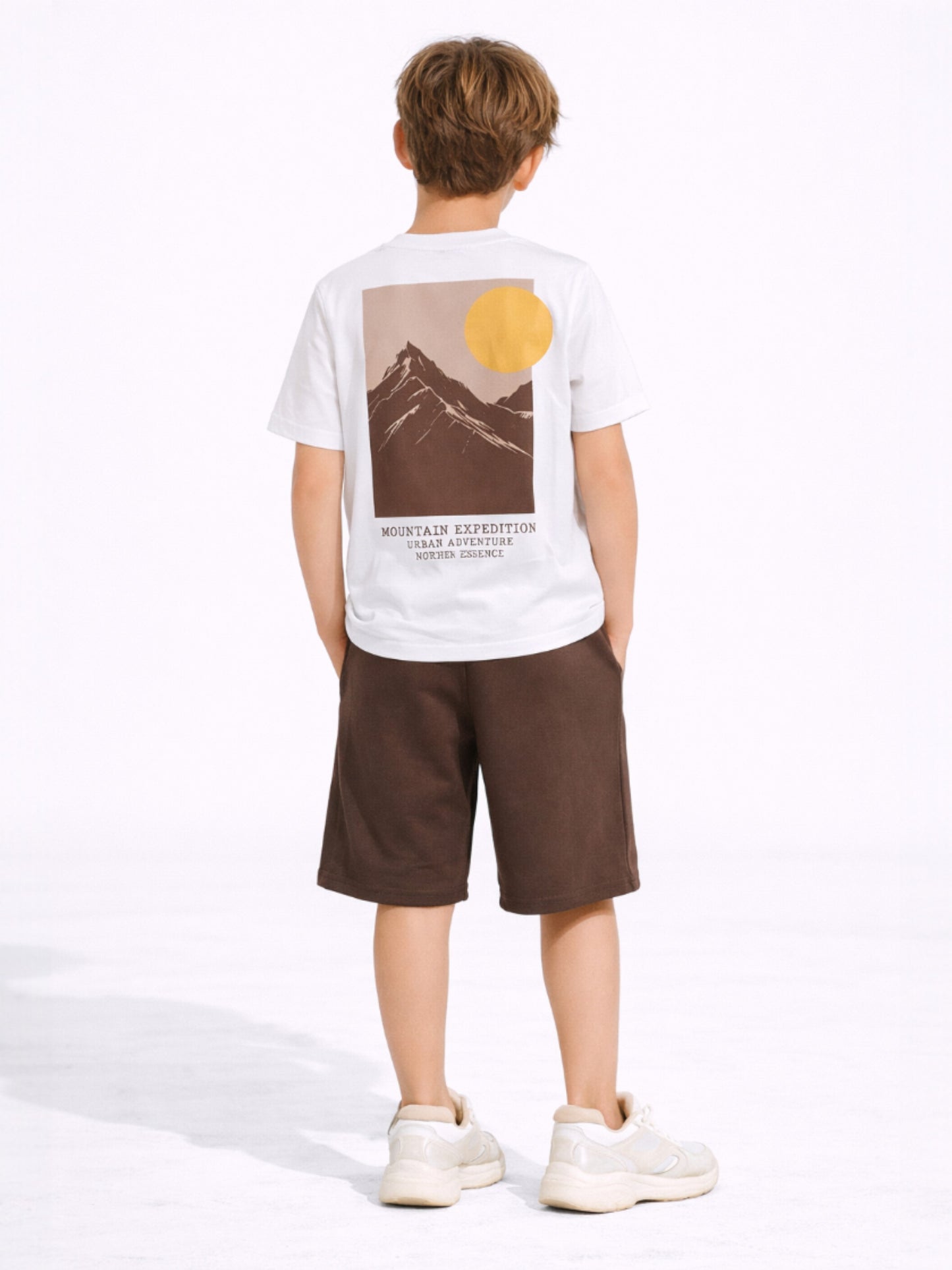 Boys Mountain Sun Graphic T-Shirt & Brown Shorts Set
