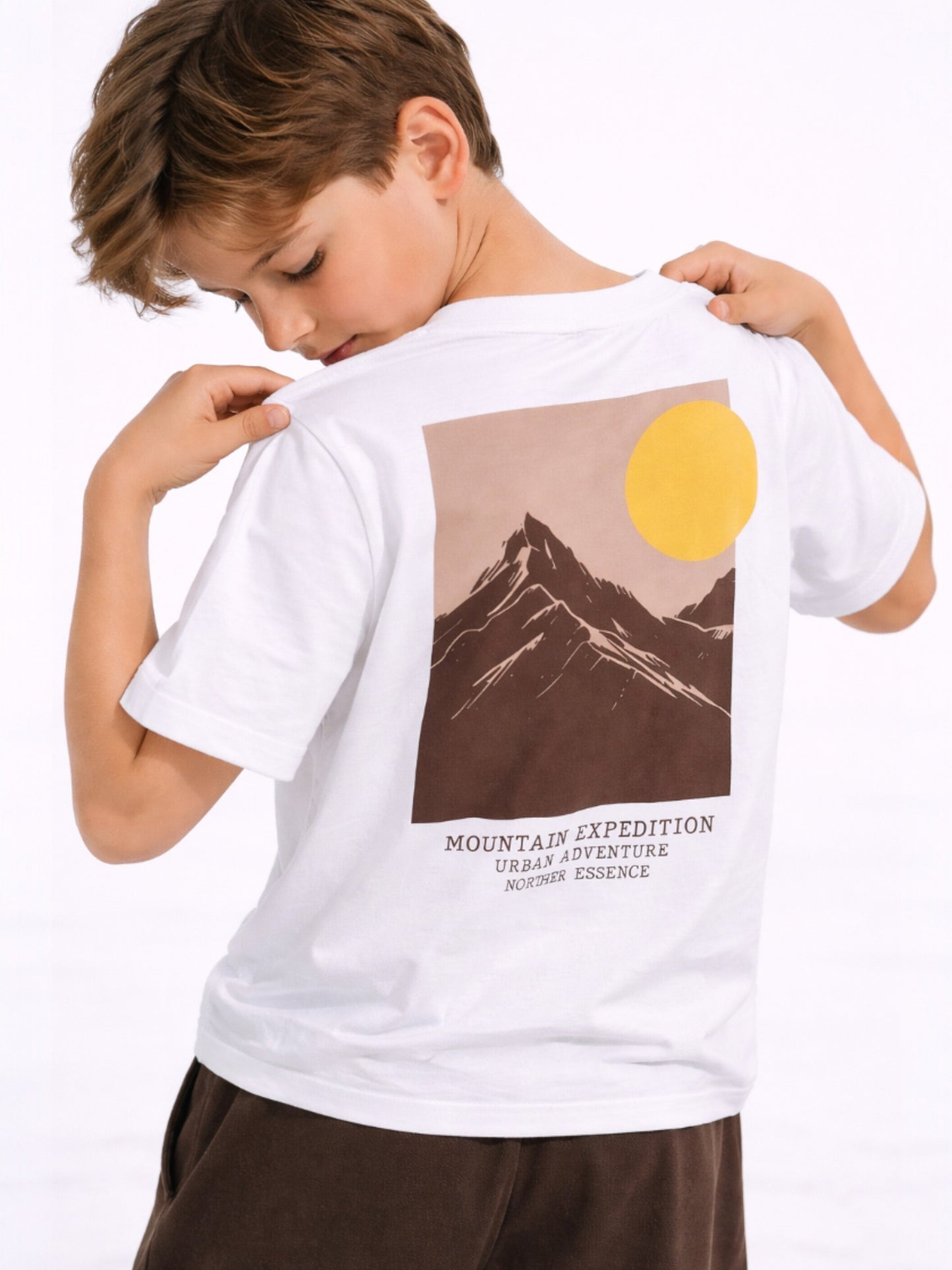Boys Mountain Sun Graphic T-Shirt & Brown Shorts Set